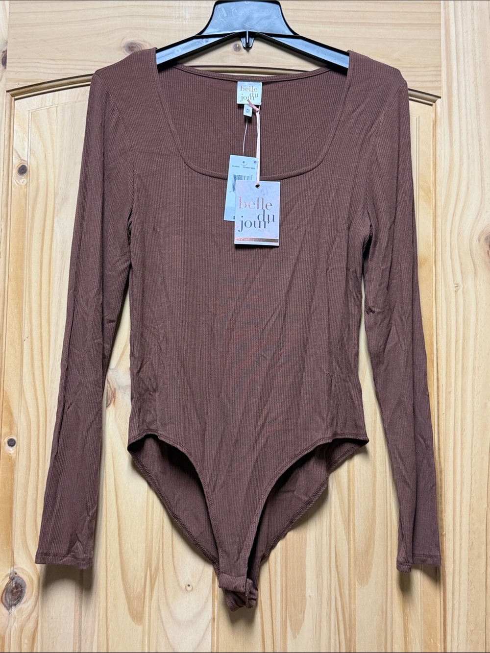 NWT Belle Du Jour Long-Sleeve Square Neck Ribbed Bodysuit — Brown XL